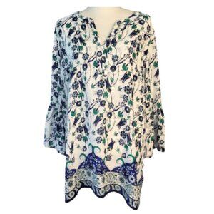 LIZ CLAIBORNE Career White & Blue Long Sleeve Floral Blouse - Women's XL